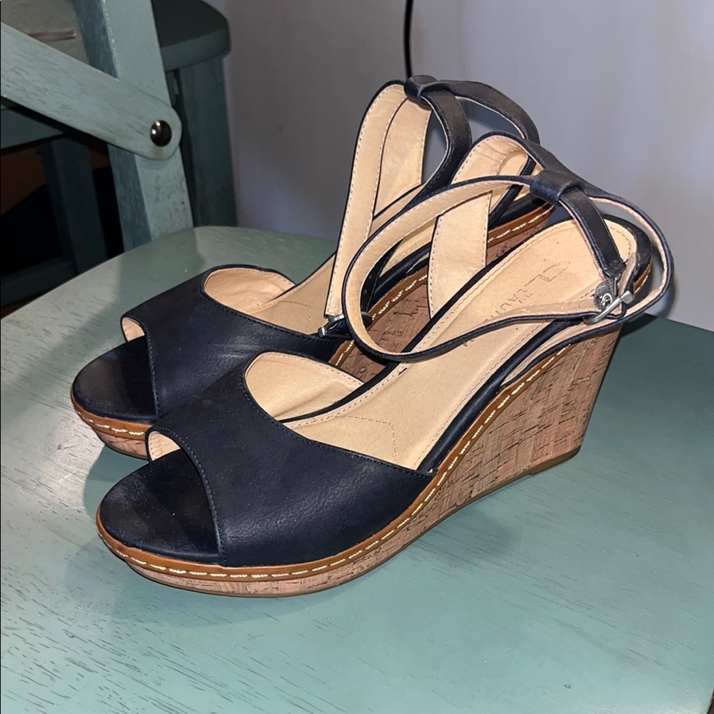 CL by Laundry Navy Wedge Sandals with Ankle Strap